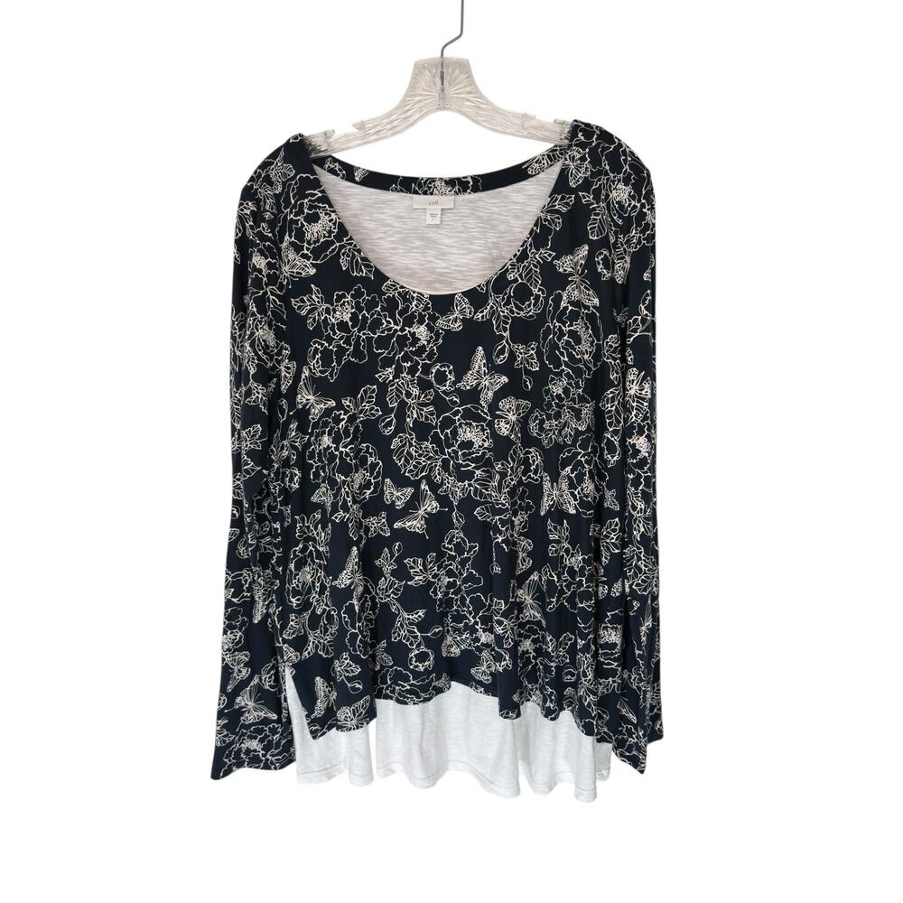 J. Jill Shirt Black White Floral Print‎ Casual Scoop Neck Soft Cozy Mature Large